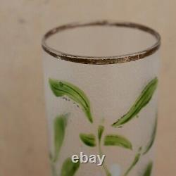 Legras French Cameo Glass Vase Art Nouveau Enameled Mistletoe Leaves Cylinder