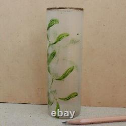 Legras French Cameo Glass Vase Art Nouveau Enameled Mistletoe Leaves Cylinder