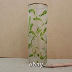 Legras French Cameo Glass Vase Art Nouveau Enameled Mistletoe Leaves Cylinder