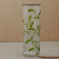 Legras French Cameo Glass Vase Art Nouveau Enameled Mistletoe Leaves Cylinder