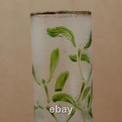 Legras French Cameo Glass Vase Art Nouveau Enameled Mistletoe Leaves Cylinder