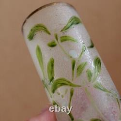 Legras French Cameo Glass Vase Art Nouveau Enameled Mistletoe Leaves Cylinder