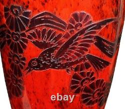 Legras French Glass Art Deco Red Cameo Bird Vases Spectacular Old Pair 20.75