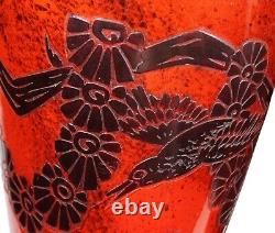Legras French Glass Art Deco Red Cameo Bird Vases Spectacular Old Pair 20.75