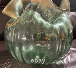 Legras Vase Bowl Ribbed Art Nouveau Green Gold Gilt Enameled Around 1900