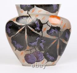 Leune French Art Deco Hand-Enameled Art Glass Vase wit