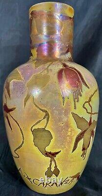 Lg Amedee de Caranza French Art Nouveau Iridized Lustre Blown Glass Vase France