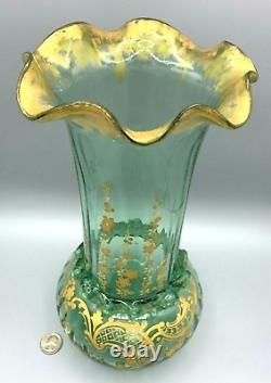 Lg Glass Vase Legras Art Nouveau French Gilt Enameled Optic Antique Rigaree