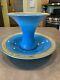 Lot of 2 French Blue Opaline Turquoise Gold Enamel Flared Vase Tray Plate PV