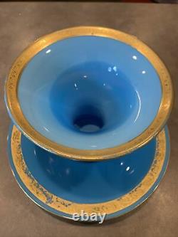 Lot of 2 French Blue Opaline Turquoise Gold Enamel Flared Vase Tray Plate PV