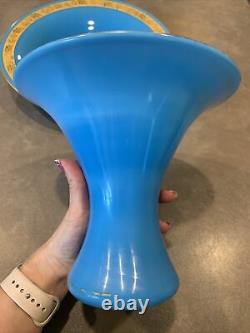 Lot of 2 French Blue Opaline Turquoise Gold Enamel Flared Vase Tray Plate PV