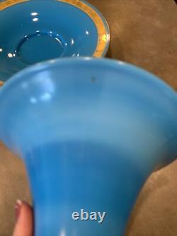 Lot of 2 French Blue Opaline Turquoise Gold Enamel Flared Vase Tray Plate PV