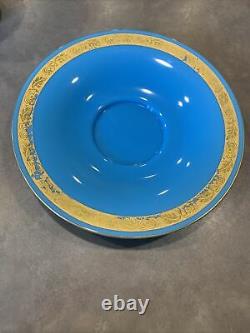 Lot of 2 French Blue Opaline Turquoise Gold Enamel Flared Vase Tray Plate PV