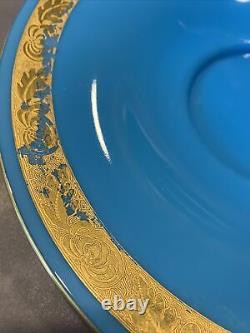 Lot of 2 French Blue Opaline Turquoise Gold Enamel Flared Vase Tray Plate PV