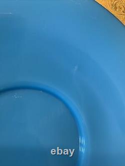 Lot of 2 French Blue Opaline Turquoise Gold Enamel Flared Vase Tray Plate PV