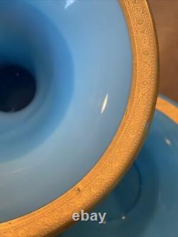 Lot of 2 French Blue Opaline Turquoise Gold Enamel Flared Vase Tray Plate PV