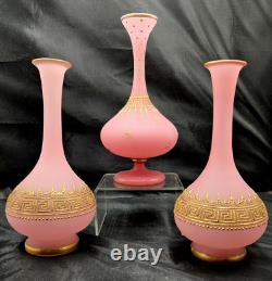Lot of 3 Antique French Pink Opaline Glass Vases Greek Key Gold Gilt c. 1820-50