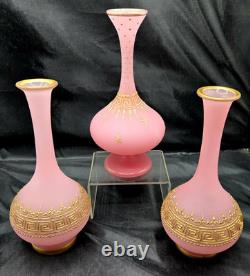 Lot of 3 Antique French Pink Opaline Glass Vases Greek Key Gold Gilt c. 1820-50