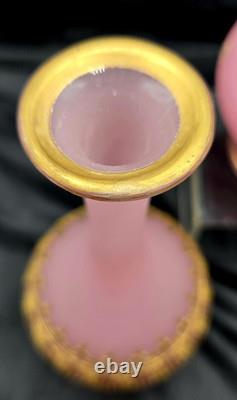 Lot of 3 Antique French Pink Opaline Glass Vases Greek Key Gold Gilt c. 1820-50