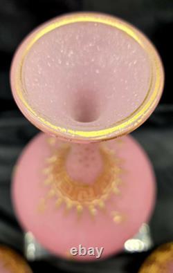 Lot of 3 Antique French Pink Opaline Glass Vases Greek Key Gold Gilt c. 1820-50