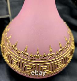 Lot of 3 Antique French Pink Opaline Glass Vases Greek Key Gold Gilt c. 1820-50