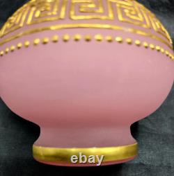 Lot of 3 Antique French Pink Opaline Glass Vases Greek Key Gold Gilt c. 1820-50