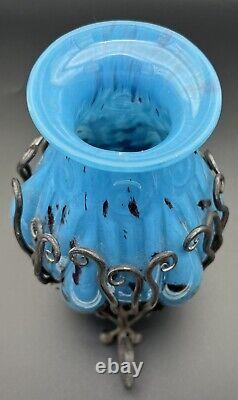 Lovely Antique French Czech Art Deco Caged Blue Art Glass Vase Schneider