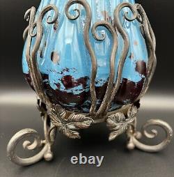 Lovely Antique French Czech Art Deco Caged Blue Art Glass Vase Schneider