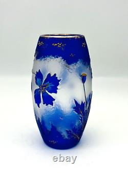 Lovely French Antique Cobalt Gold Baccarat Cut Cameo Art Glass Vase