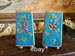Lovely Pair French Hand Painted Small Vases Enamel over Porcelain C1890