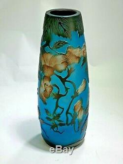 Lovely Style Galle Cameo Art Glass Draping Floral Design Vase In Aqua BLue