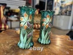 MONT JOYE LEGRAS FRENCH ENAMELED SATIN GREEN GLASS VASE GOLD TRIM c1900's Pair