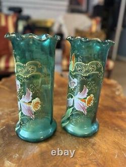 MONT JOYE LEGRAS FRENCH ENAMELED SATIN GREEN GLASS VASE GOLD TRIM c1900's Pair