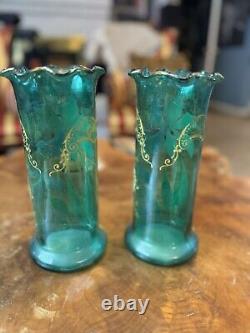 MONT JOYE LEGRAS FRENCH ENAMELED SATIN GREEN GLASS VASE GOLD TRIM c1900's Pair