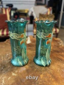 MONT JOYE LEGRAS FRENCH ENAMELED SATIN GREEN GLASS VASE GOLD TRIM c1900's Pair