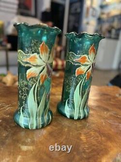 MONT JOYE LEGRAS FRENCH ENAMELED SATIN GREEN GLASS VASE GOLD TRIM c1900's Pair