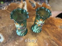 MONT JOYE LEGRAS FRENCH ENAMELED SATIN GREEN GLASS VASE GOLD TRIM c1900's Pair