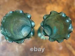 MONT JOYE LEGRAS FRENCH ENAMELED SATIN GREEN GLASS VASE GOLD TRIM c1900's Pair