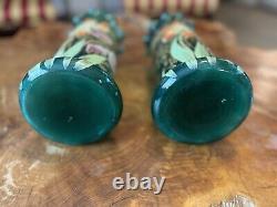 MONT JOYE LEGRAS FRENCH ENAMELED SATIN GREEN GLASS VASE GOLD TRIM c1900's Pair