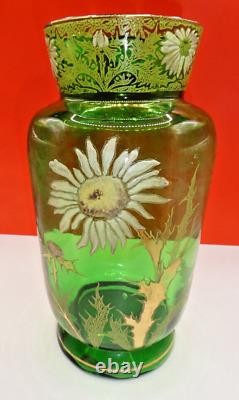 MONT JOYE LEGRAS Green Enemaled Sunflower Vase 9 GOLD GILT +++