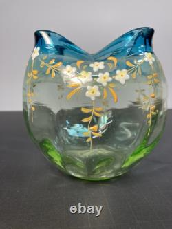 MOSER BOHEMIAN BLUE TO GREEN (URANIUM) ROSE Bowl ENAMELED. (IT GLOWS) c. 1880s