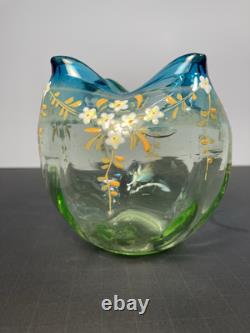 MOSER BOHEMIAN BLUE TO GREEN (URANIUM) ROSE Bowl ENAMELED. (IT GLOWS) c. 1880s