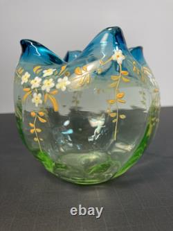 MOSER BOHEMIAN BLUE TO GREEN (URANIUM) ROSE Bowl ENAMELED. (IT GLOWS) c. 1880s