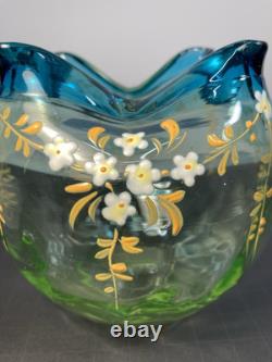 MOSER BOHEMIAN BLUE TO GREEN (URANIUM) ROSE Bowl ENAMELED. (IT GLOWS) c. 1880s
