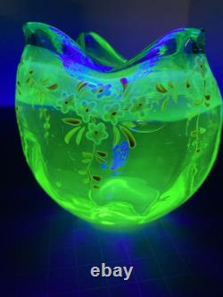 MOSER BOHEMIAN BLUE TO GREEN (URANIUM) ROSE Bowl ENAMELED. (IT GLOWS) c. 1880s