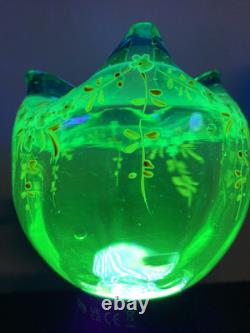 MOSER BOHEMIAN BLUE TO GREEN (URANIUM) ROSE Bowl ENAMELED. (IT GLOWS) c. 1880s