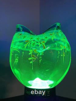 MOSER BOHEMIAN BLUE TO GREEN (URANIUM) ROSE Bowl ENAMELED. (IT GLOWS) c. 1880s