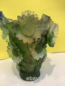 Magnificent Nancy Daum Style Pate De Verre Grenn Multi Sunflower Vase H 9 /w9lb