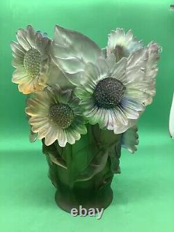 Magnificent Nancy Daum Style Pate De Verre Grenn Multi Sunflower Vase H 9 /w9lb