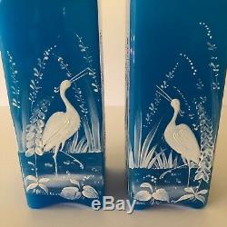 Magnificent Pair Of Baccarat Azure Blue Opaline And Enamel Crane Vases